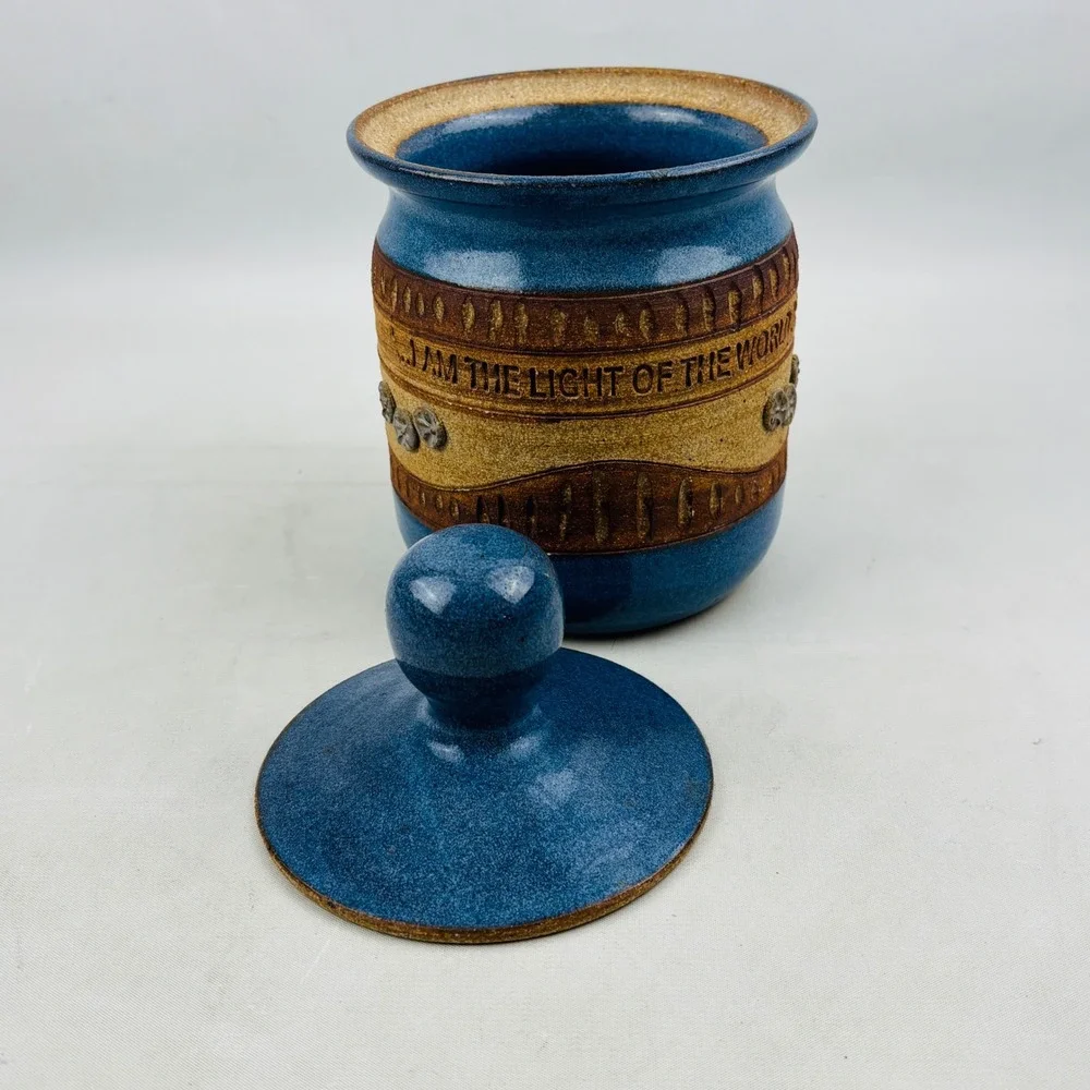 Down to Earth Pottery Canister Blue Stoneware‎ The Light Of The World John 9:5